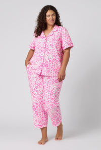 A Lady Wearing Plus Size Valentina Leopard Short Sleeve Classic Stretch Jersey Cropped Pj Set