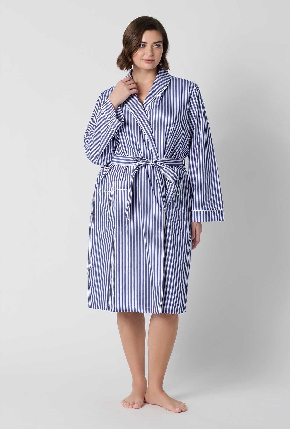 A Lady Wearing Plus Size Navy Signature Stripe Lined Woven Cotton Sateen Robe posing with a front view look