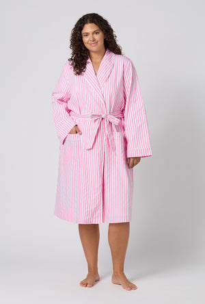 A Lady Wearing Plus Size Pink Signature Stripe Lined Woven Cotton Sateen Robe