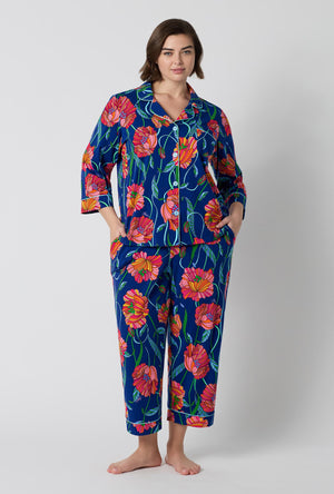 A Lady Wearing Plus Size BedHead x Trina Turk Linear Poppy 3/4 Sleeve Classic Stretch Jersey Cropped Pj Set