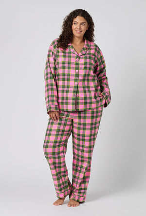 A Lady Wearing Plus Size BedHead x Trina Turk Palm Springs Tartan Long Sleeve Classic Woven Portuguese Flannel Pj Set