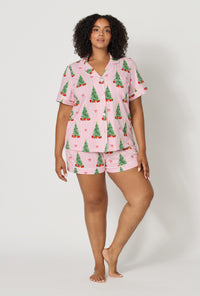 A lady wearing plus size Pretty In Pine Short Sleeve Classic Shorty Stretch Jersey Pj Set