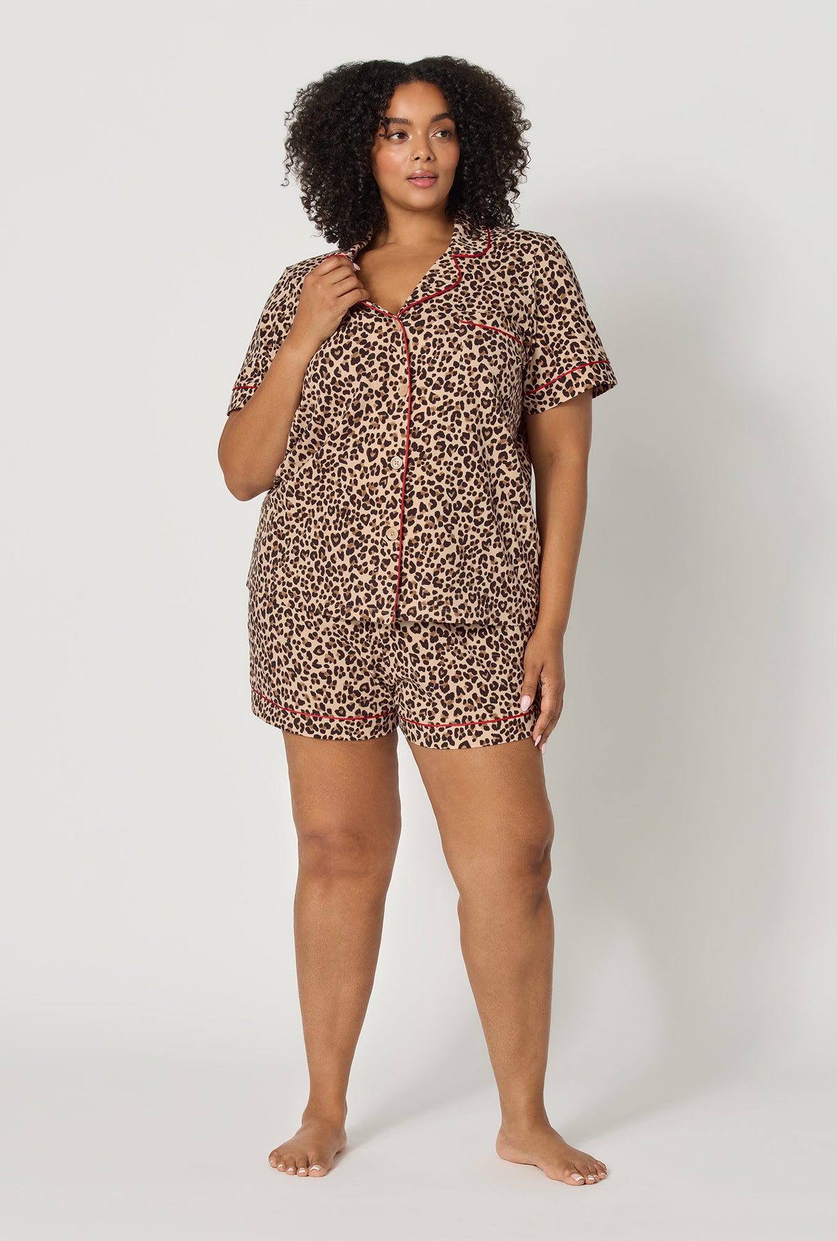 A lady wearing plus size Wild At Heart Short Sleeve Classic Shorty Stretch Jersey Pj Set