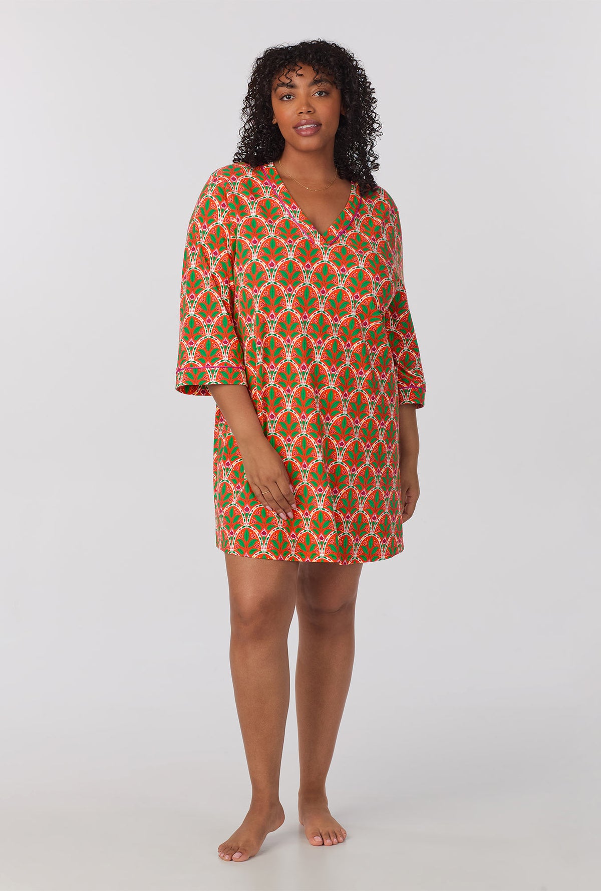 A lady wearing 3/4 Sleeve Stretch Jersey Sleepshirt with tangier tile print