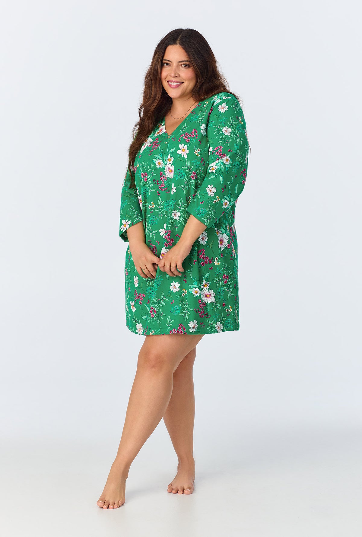 A lady wearing Forever Floral 3/4 Sleeve Stretch Jersey Sleepshirt