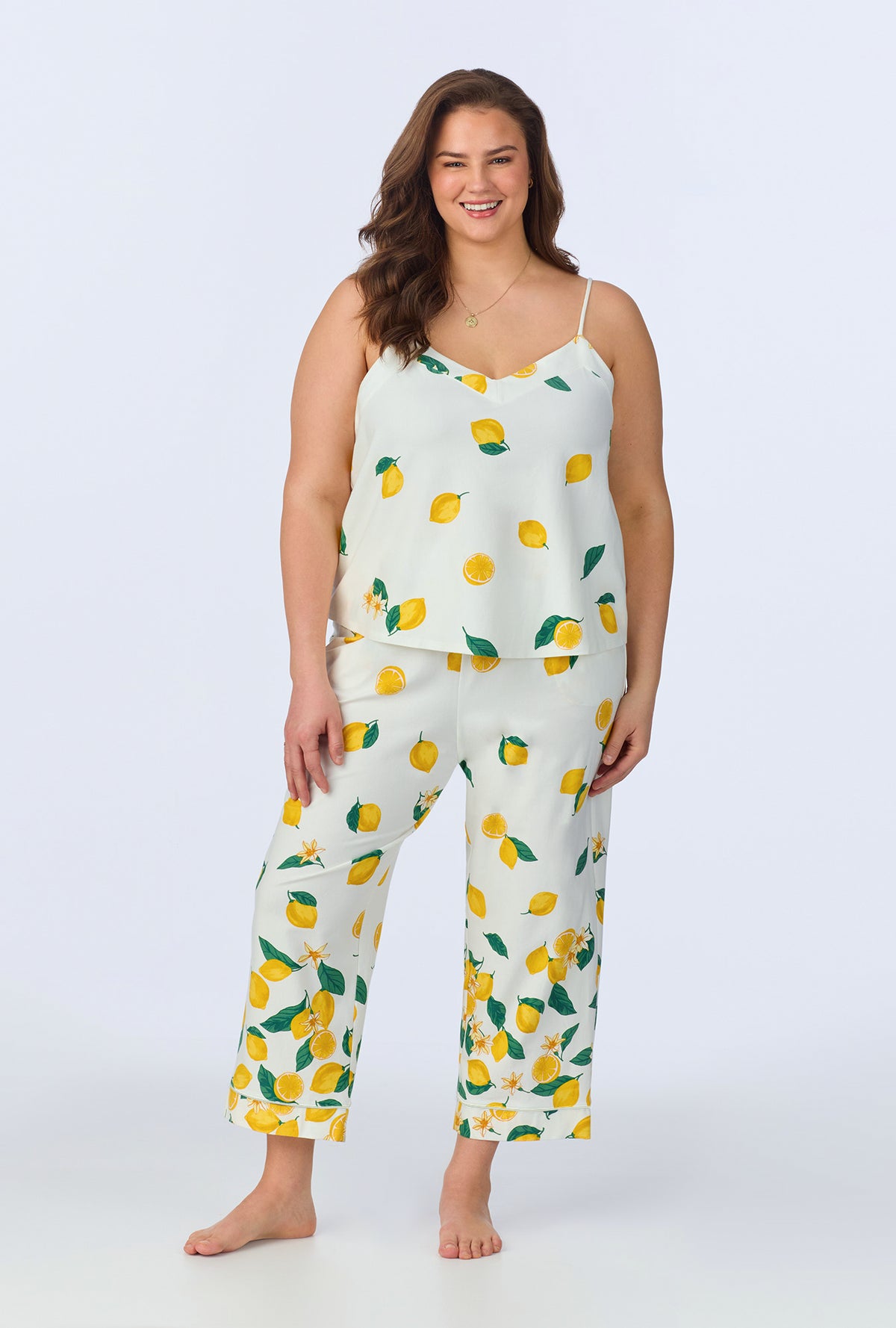 A lady wearing Main Squeeze Border Cami Stretch Jersey Cropped PJ Set
