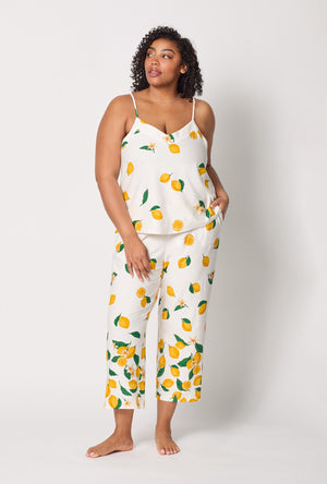 A lady wearing plus size White and  Yellow Cami Stretch Jersey Cropped Pj Set front view