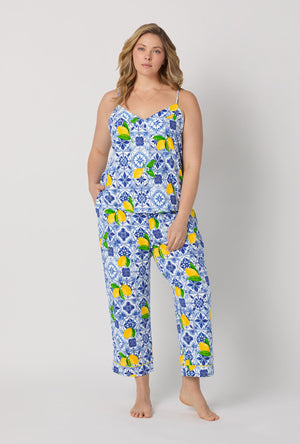 A lady wearing plus size Blue and  White Cami Stretch Jersey Cropped Pj Set front view