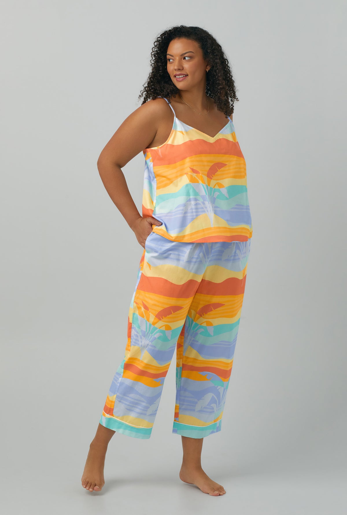 A lady wearing plus size multi color Woven Cotton Poplin Cropped PJ Set with Desert Palms print
