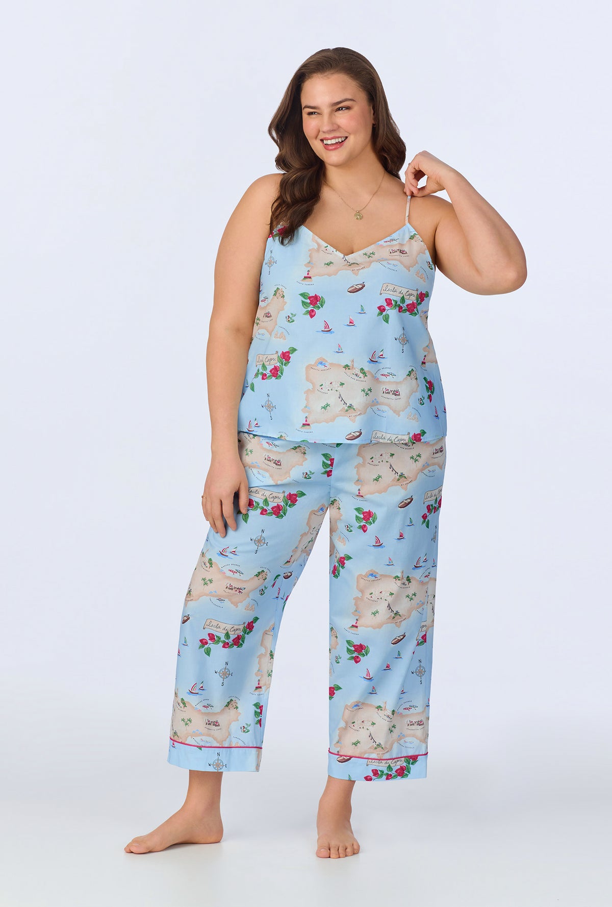 A lady wearing Ciao Capri Cami Woven Cotton Poplin Cropped PJ Set