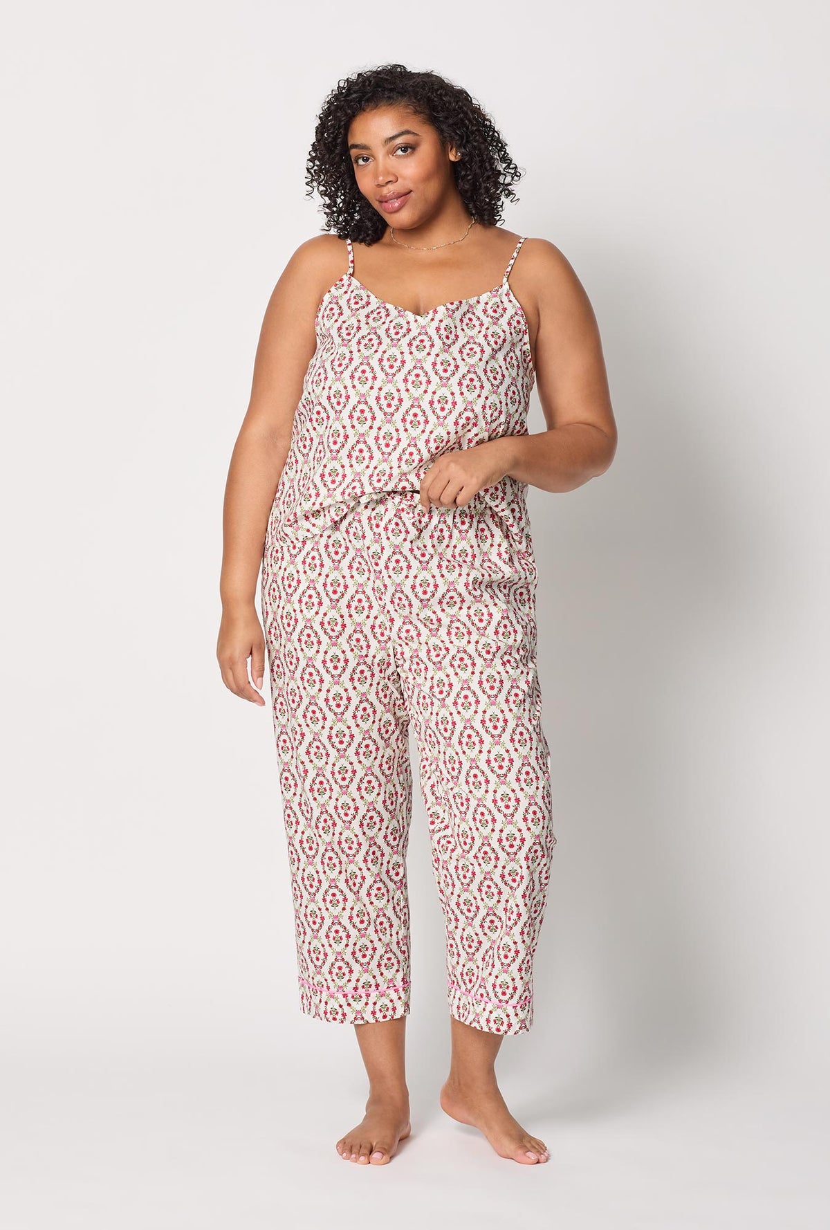 A lady wearing plus size Olivia Cami Woven Cotton Poplin Cropped Pj Set