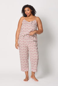 A lady wearing plus size Olivia Cami Woven Cotton Poplin Cropped Pj Set