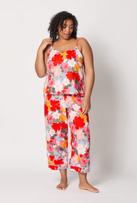 A lady wearing plus size Cassandra Cami Woven Cotton Poplin Cropped Pj Set