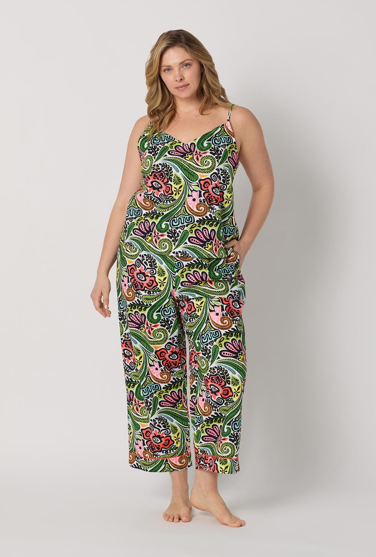 A lady wearing plus size  Multi-Color Cami Woven Cotton Poplin Cropped Pj Set front view