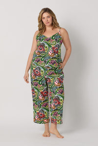 A lady wearing plus size  Multi-Color Cami Woven Cotton Poplin Cropped Pj Set front view