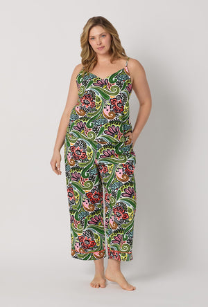 A lady wearing plus size  Multi-Color Cami Woven Cotton Poplin Cropped Pj Set front view