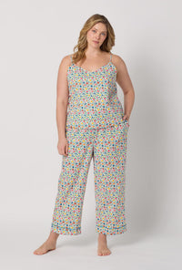 A lady wearing plus size Multi-Color and  Pink Cami Woven Cotton Poplin Cropped Pj Set front view