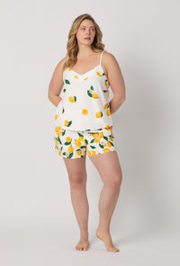 A lady wearing plus size White Cami Shorty Stretch Jersey Pj Set front view