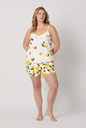 A lady wearing plus size White Cami Shorty Stretch Jersey Pj Set front view