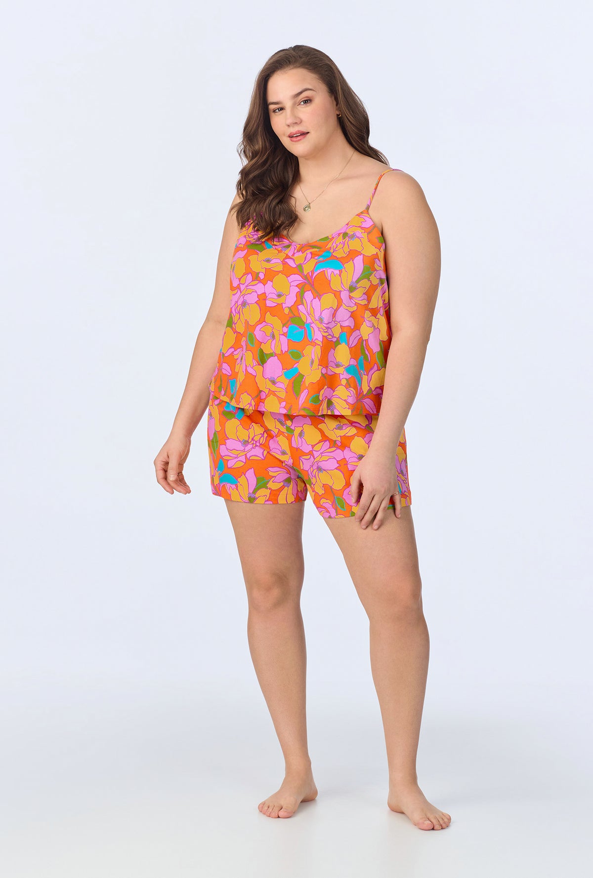 A lady wearing  Floral Cami Shorty Stretch Jersey PJ Set