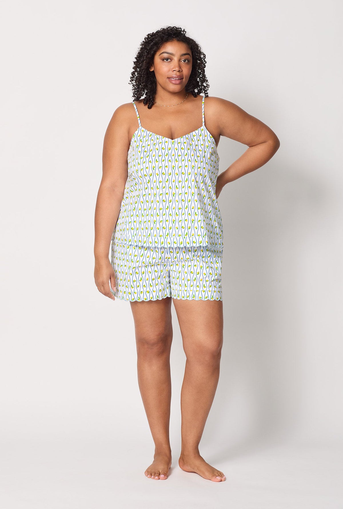 A lady wearing plus size White Cami Woven Cotton Poplin Shorty Pj Set front view