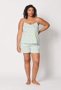 A lady wearing plus size White Cami Woven Cotton Poplin Shorty Pj Set front view