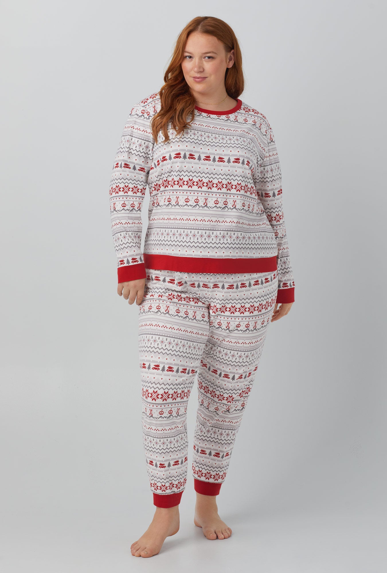 A lady  wearing white  Long Sleeve Pullover Crew and Jogger Stretch Jersey PJ Set with Alpine Fair  print