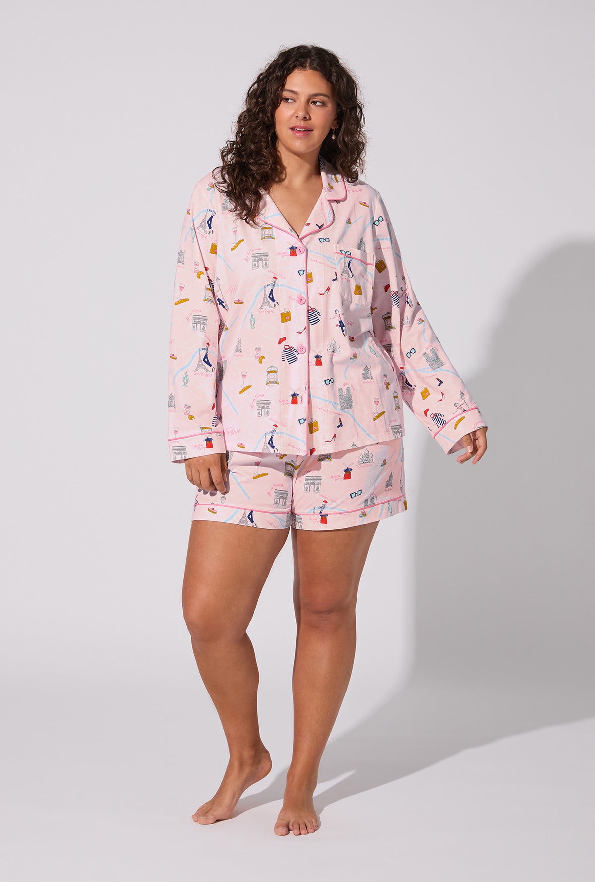 A lady wearing 48 Hrs In Paris Long Sleeve Classic Stretch Jersey Short PJ Set