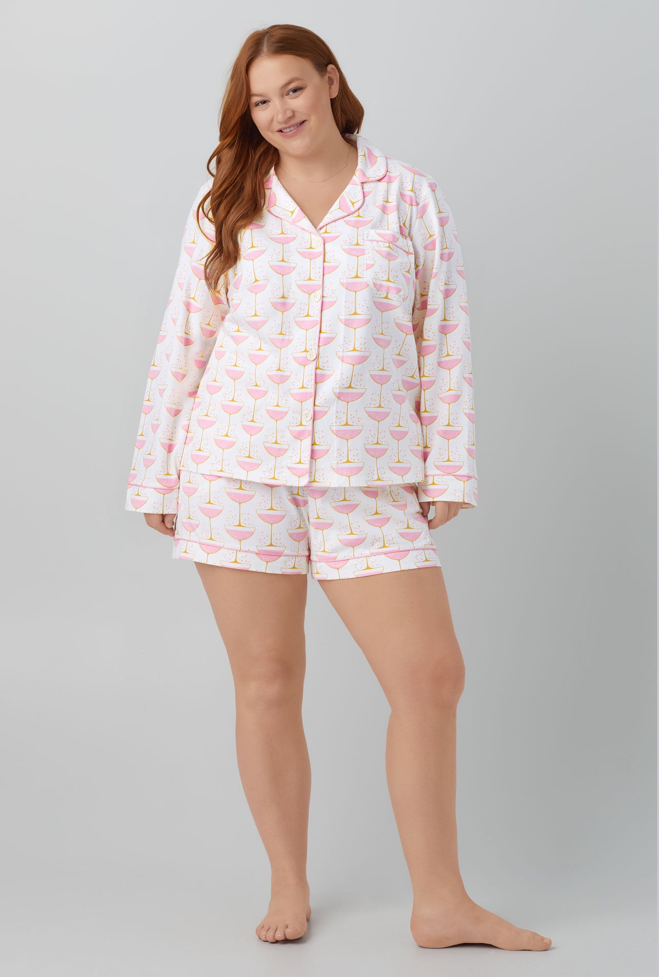 A lady wearing Champagne Coupe Long Sleeve Classic Stretch Jeresey Short PJ Set