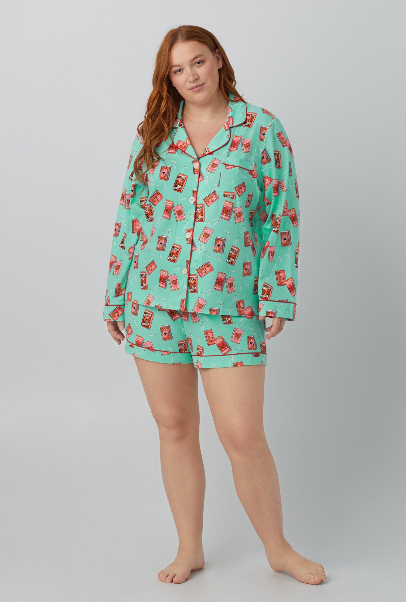 A lady wearing Perfect Match Long Sleeve Classic Stretch Jeresey Short PJ Set