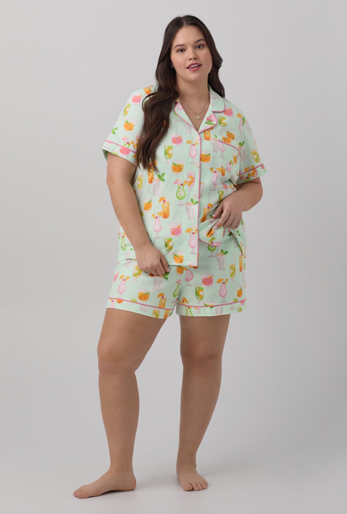 A lady wearing Short Sleeve Classic Shorty Stretch Jersey PJ Set with summer sips print
