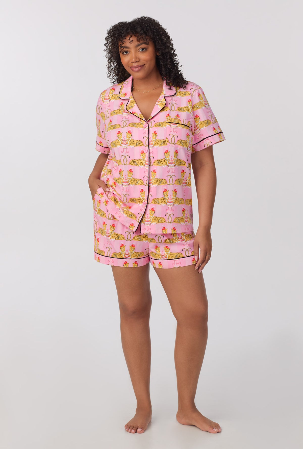 A lady wearing Short Sleeve Classic Shorty Stretch Jersey PJ Set with Tea For Two print