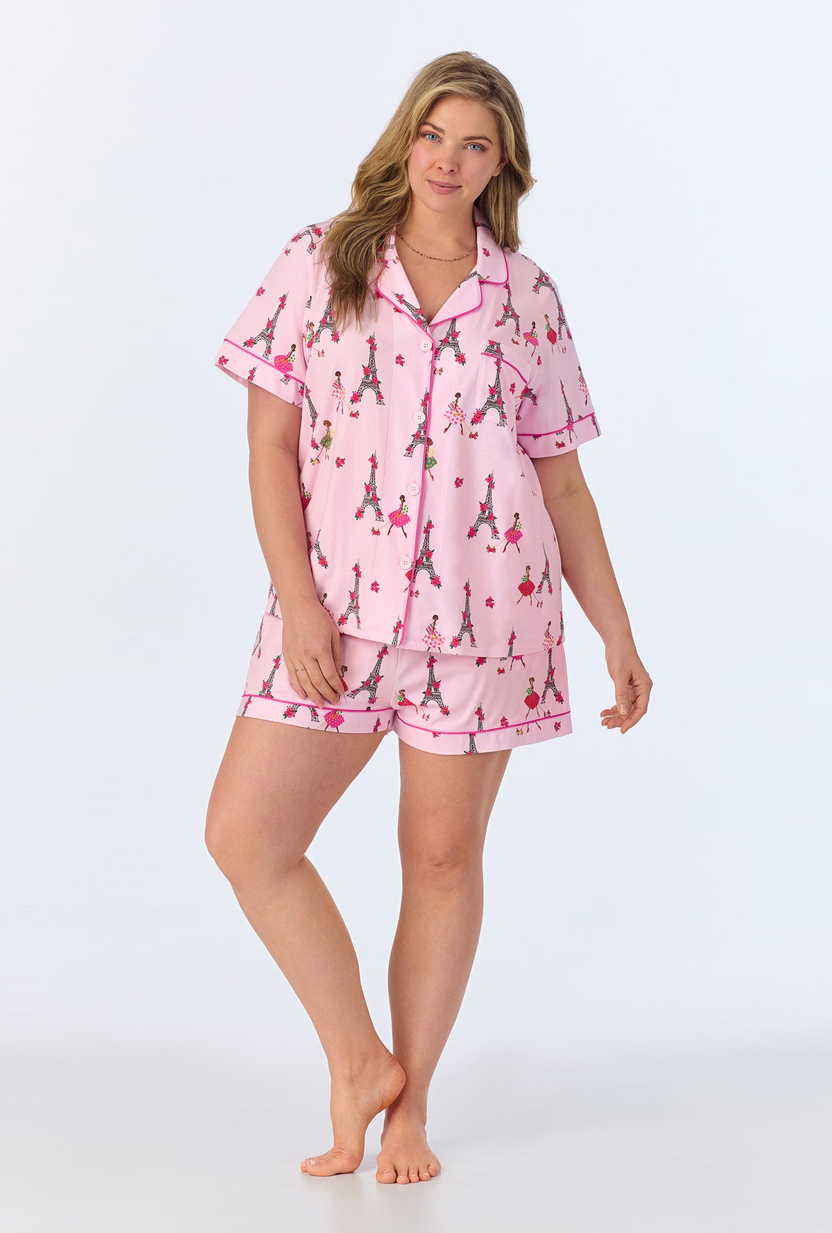 A lady wearing Tres Chic Short Sleeve Classic Shorty Stretch Jersey PJ Set