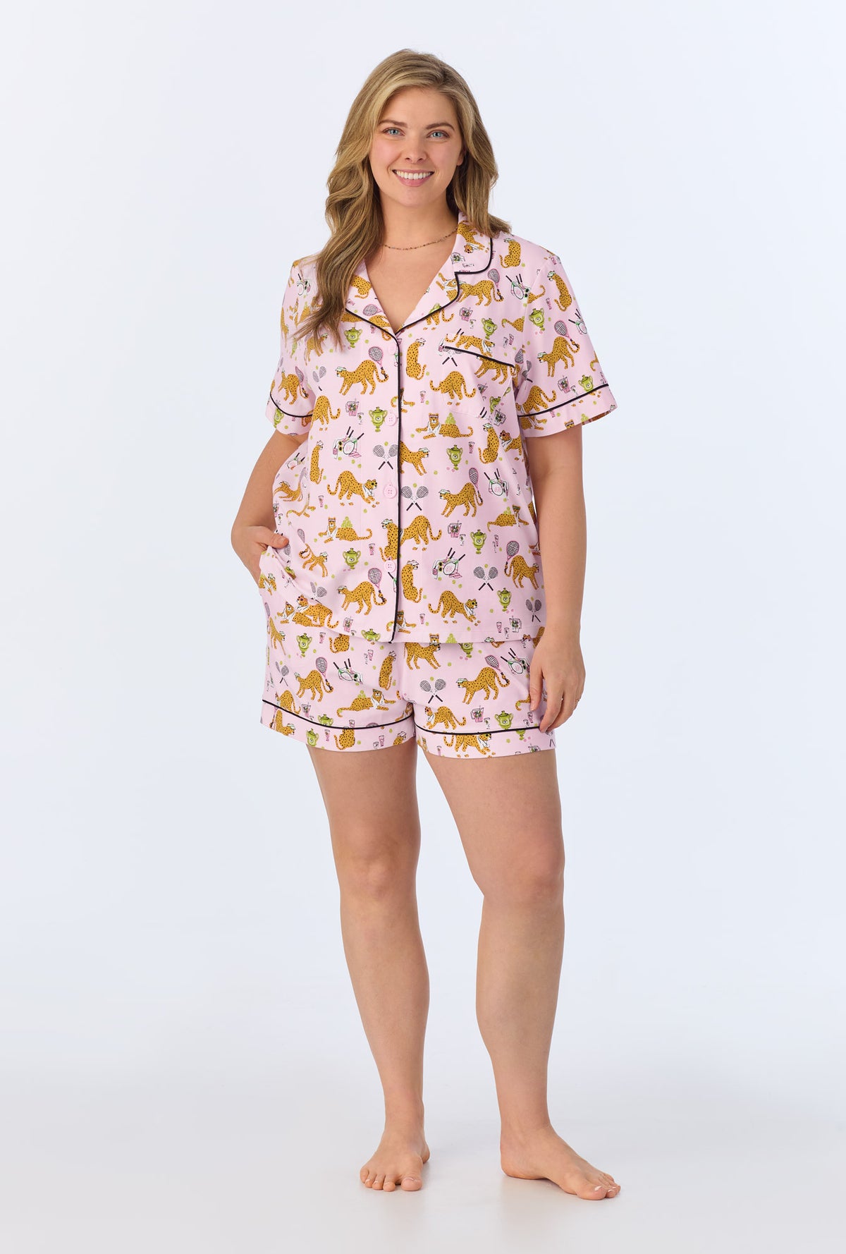 A lady wearing Tennis Cheetahs Short Sleeve Classic Shorty Stretch Jersey PJ Set