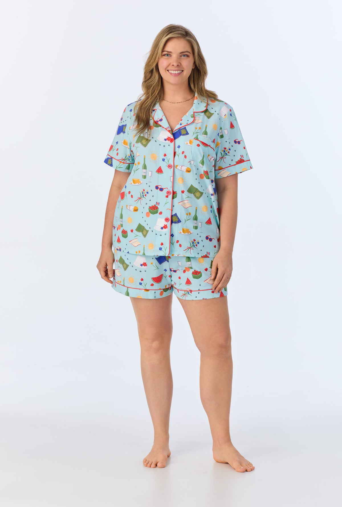 A lady wearing Garden Grazing Short Sleeve Classic Shorty Stretch Jersey PJ Set