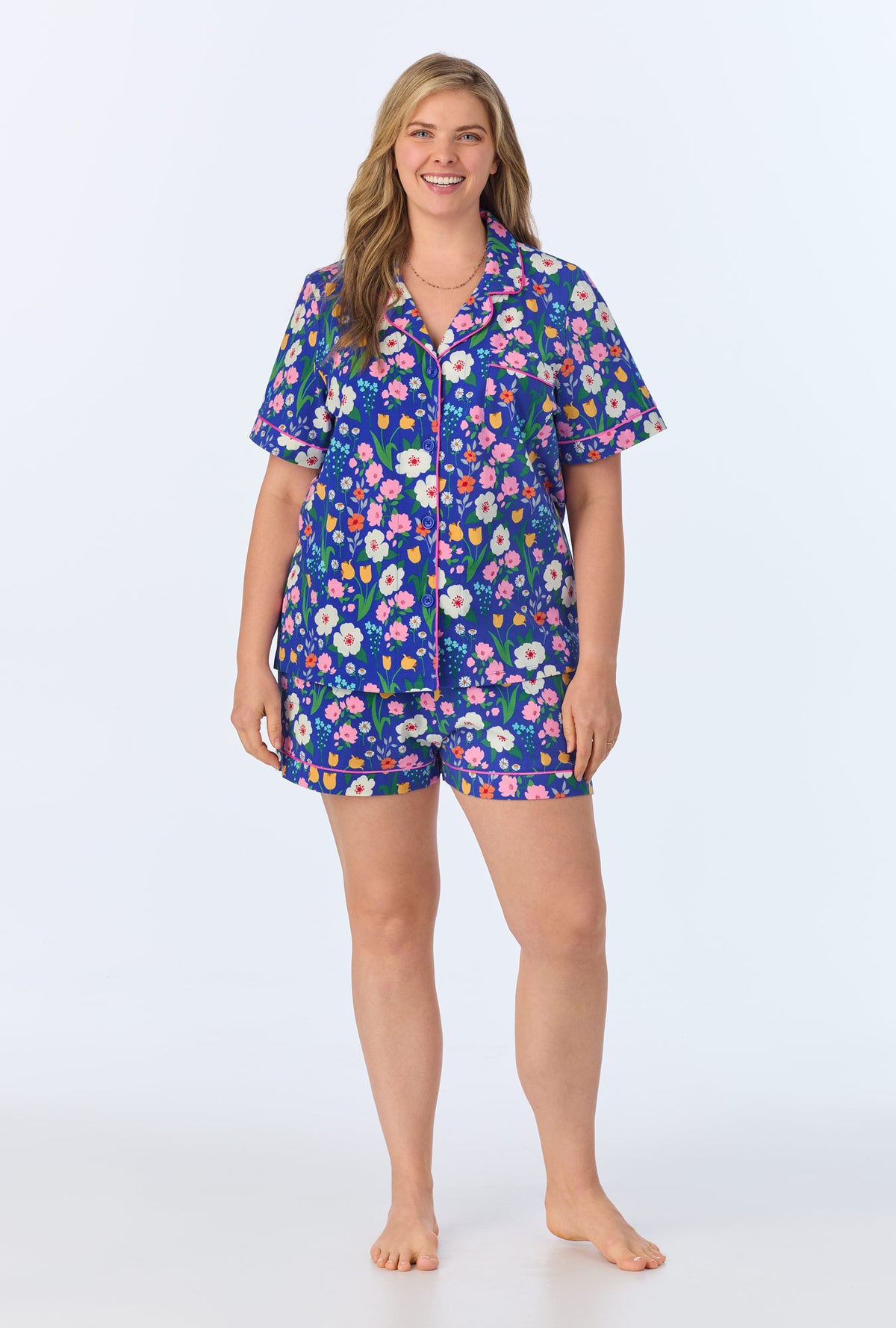 A lady wearing Flower Market Short Sleeve Classic Shorty Stretch Jersey PJ Set