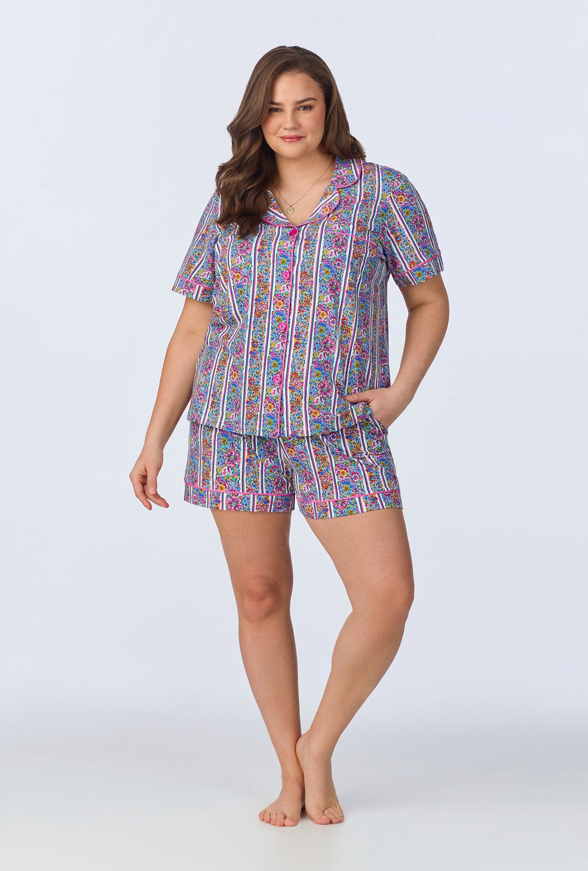 A lady wearing Bel Fiore Short Sleeve Classic Shorty Stretch Jersey PJ Set
