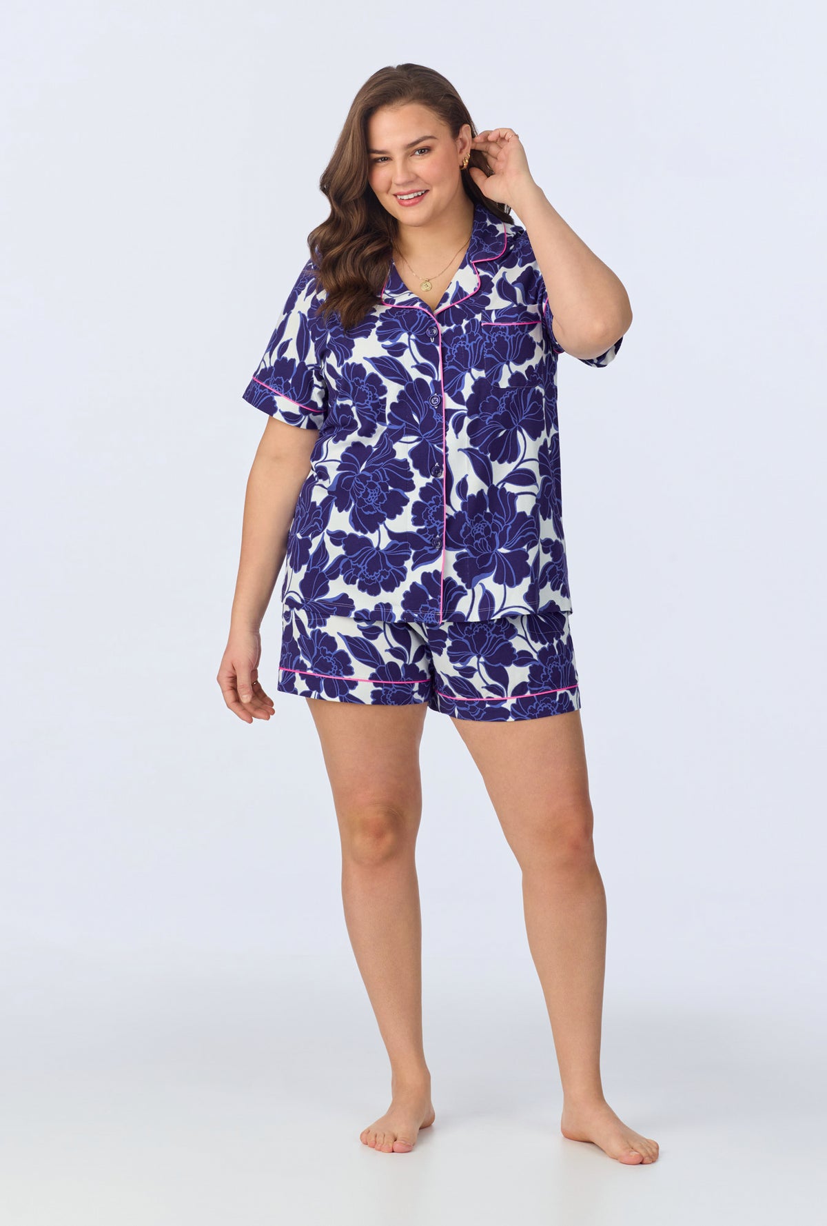 A lady wearing Isabella Flora Short Sleeve Classic Shorty Stretch Jersey PJ Set