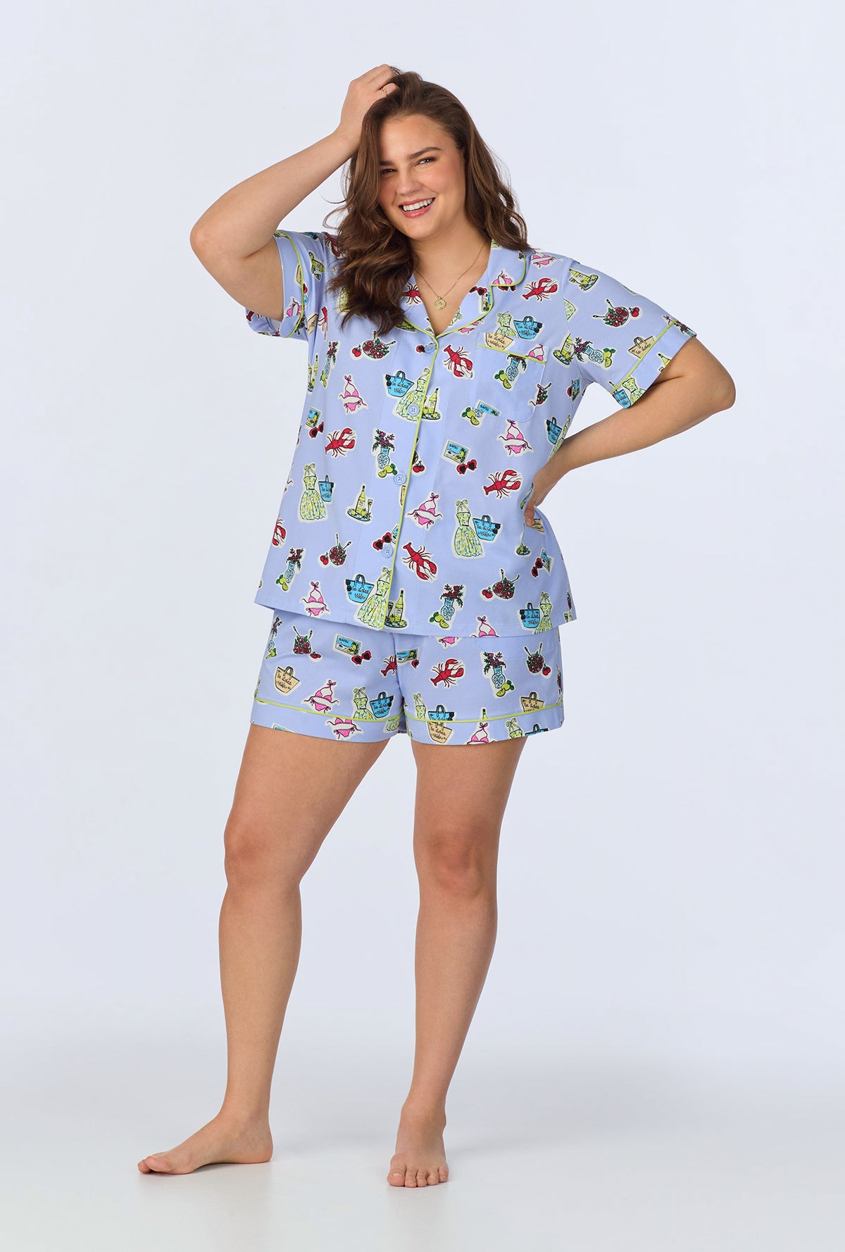 A lady wearing Island Life Short Sleeve Classic Shorty Stretch Jersey PJ Set