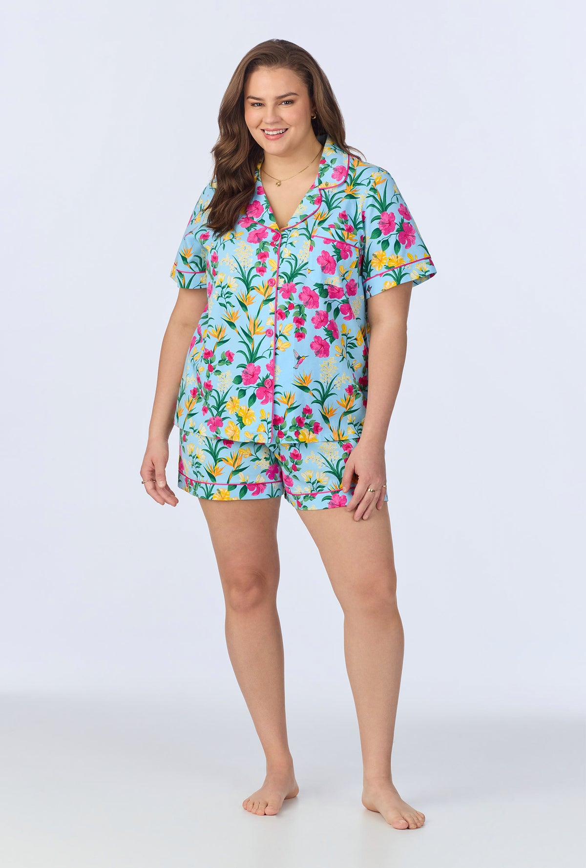 A lady wearing Tropical Paradise Short Sleeve Classic Shorty Stretch Jersey PJ Set