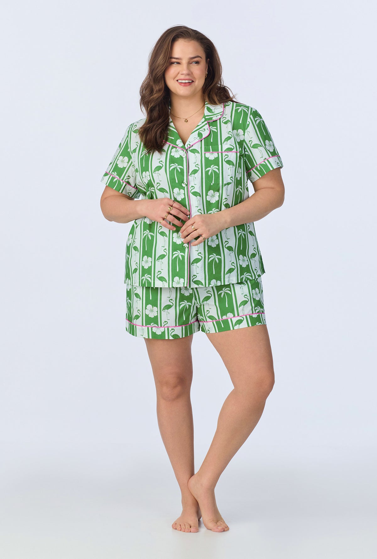 A lady wearing Aloha Stripe Short Sleeve Classic Woven Cotton Poplin Shorty PJ Set