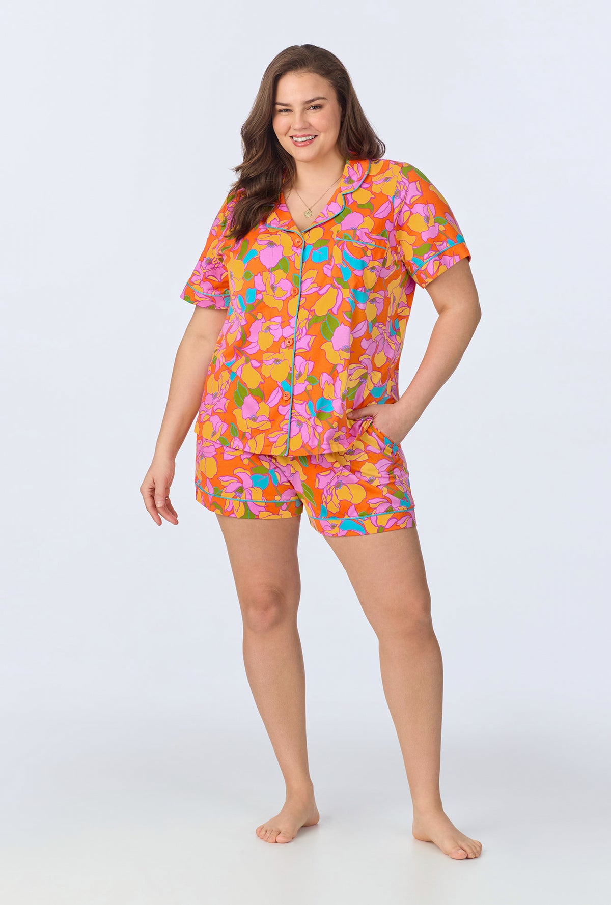 A lady wearing  Floral Short Sleeve Classic Shorty Stretch Jersey PJ Set