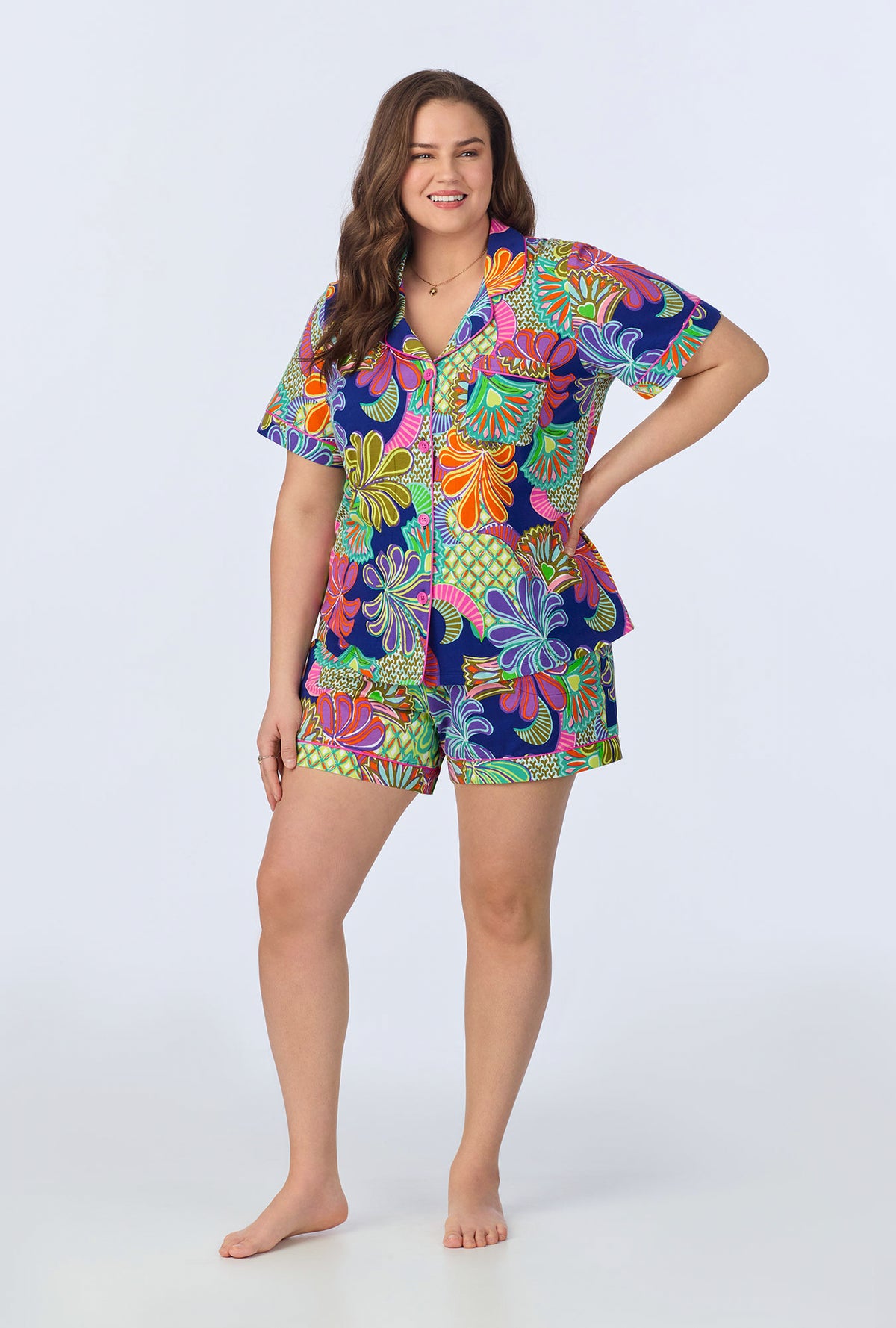 A lady wearing  Zanzibar Short Sleeve Classic Shorty Stretch Jersey PJ Set