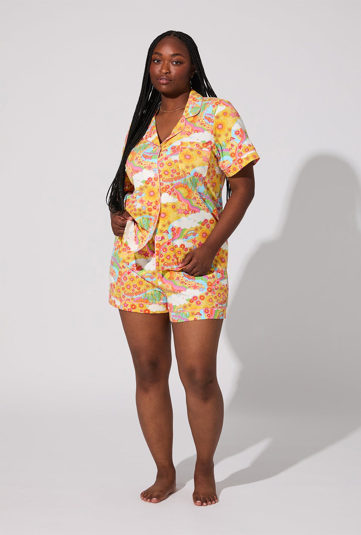A lady wearing Good Vibes Short Sleeve Classic Shorty Stretch Jersey PJ Set