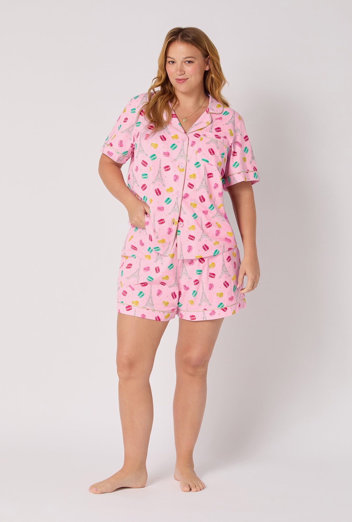 A Lady wearing Eiffel For You Short Sleeve Classic Shorty Stretch Jersey Pj Set