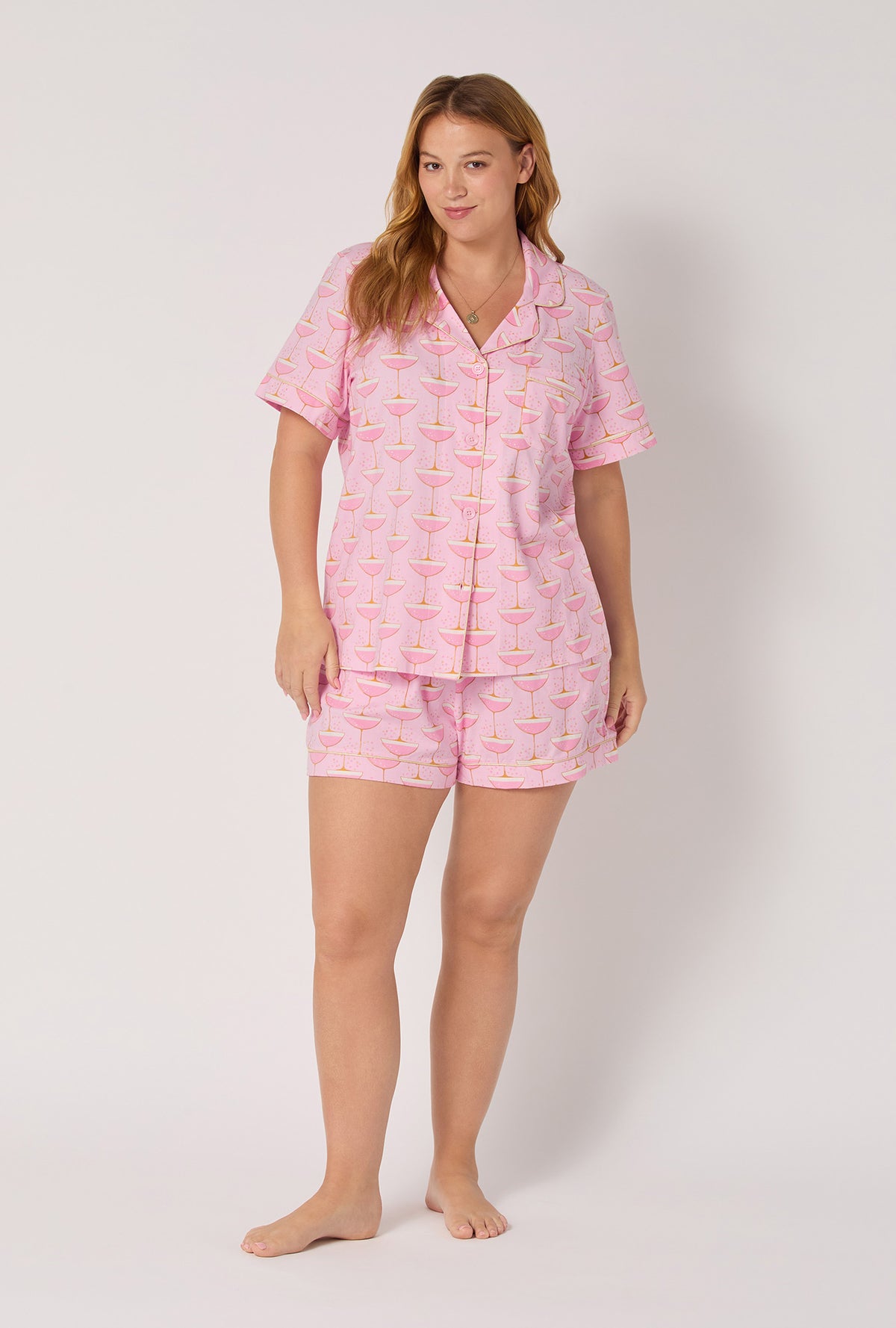 A Lady wearing Champagne Coupe Short Sleeve Classic Shorty Stretch Jersey Pj Set