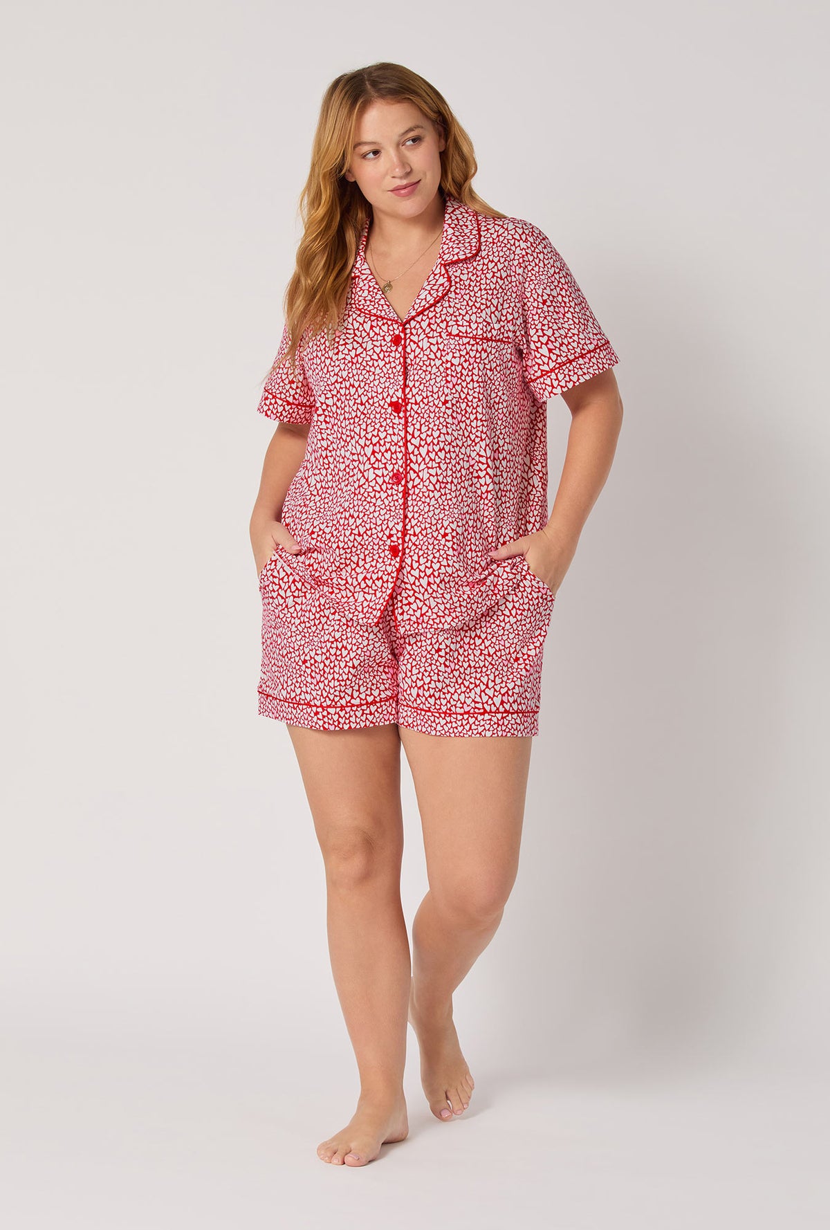 A lady wearing Bursting With Love Short Sleeve Classic Shorty Stretch Jersey Pj Set