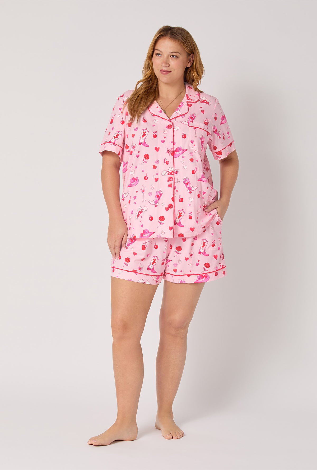 A lady wearing Giddy Up Galentine Short Sleeve Classic Shorty Stretch Jersey Pj Set
