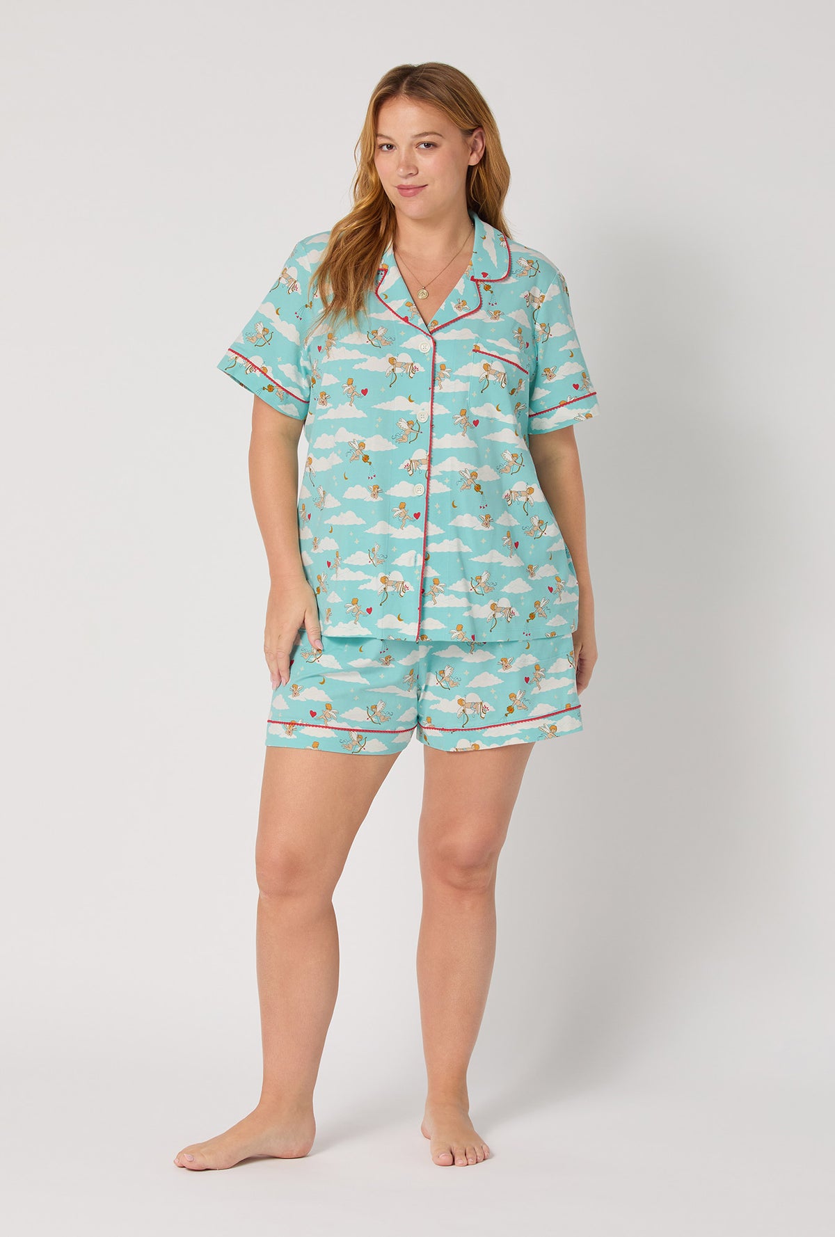 A lady wearing Cheeky Cupid Short Sleeve Classic Shorty Stretch Jersey Pj Set