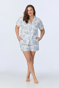 A lady wearing Bedhead On Bleecker Short Sleeve Classic Shorty Stretch Jersey PJ Set